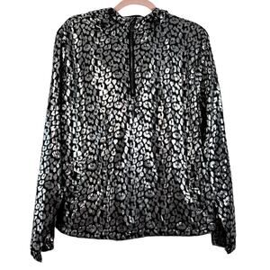 FASHIONNOVA Silver Metallic Black Leopard Print Long Sleeve Windbreaker Small